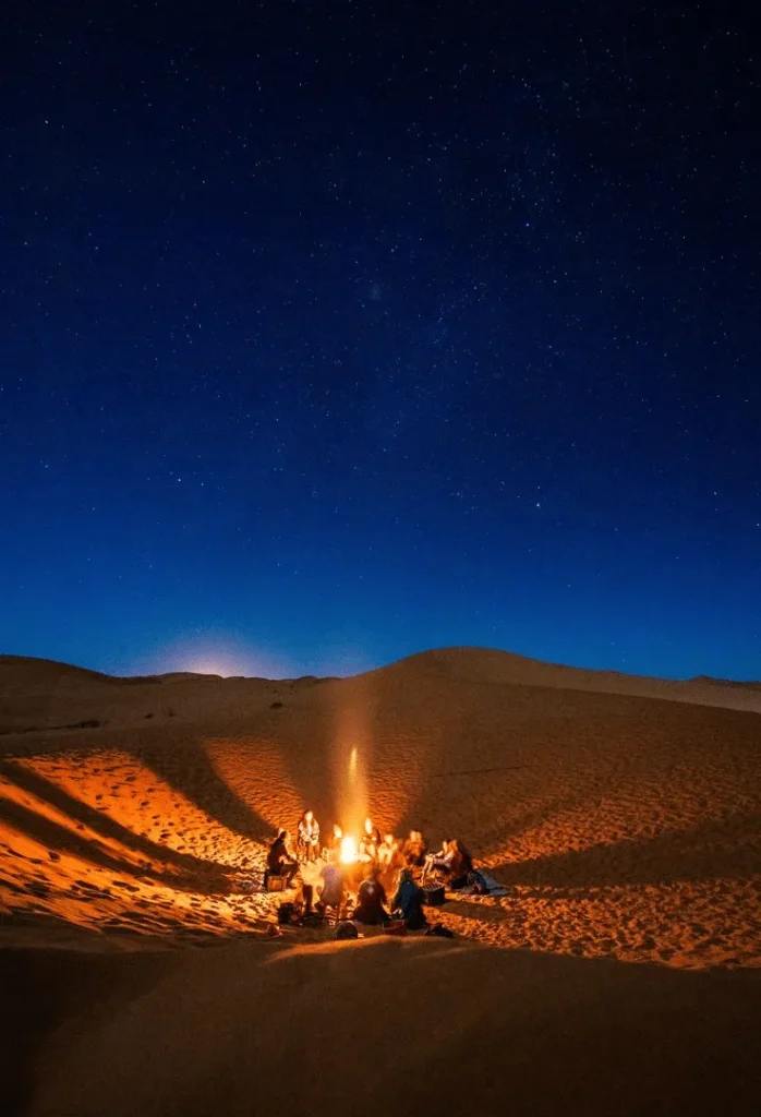 Erg-Chebbi-bucket-list-campfire-in-the-middle-of-the-desert-with-clear-sky